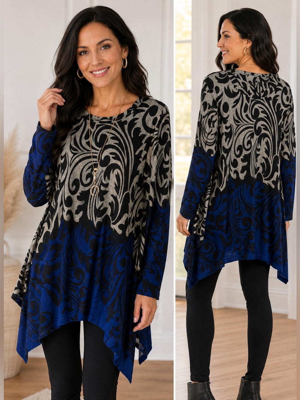 ORANGE FASHION VILLAGE BLACK & BLUE SWIRL PATTERNED TUNIC TOP SWEATER SCARF S/M